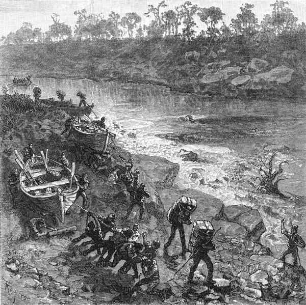 Lithograph of voyageurs making a portage from an article on "The Honorable Hudson Bay Company" from Harpers Monthly in 1879.