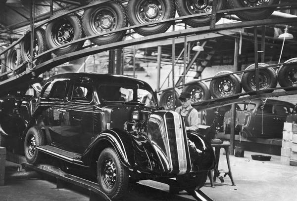 A nearly-completed automobile on the assembly line at Nash Motors in Kenosha.