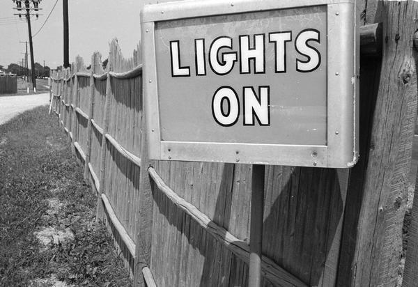 "Lights On" sign at the Starlite, a drive-in movie theatre.