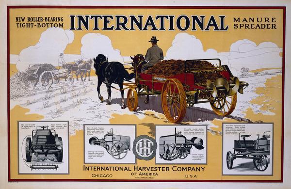 Advertising poster for International new roller-bearing tight bottom manure spreader featuring color illustration of a man driving the spreader drawn by two horses.