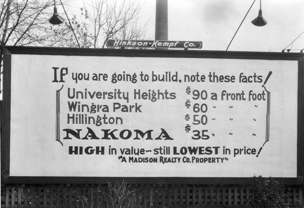 A sign in Nakoma detailing real estate values, which reads "If you are going to build, note these facts..."