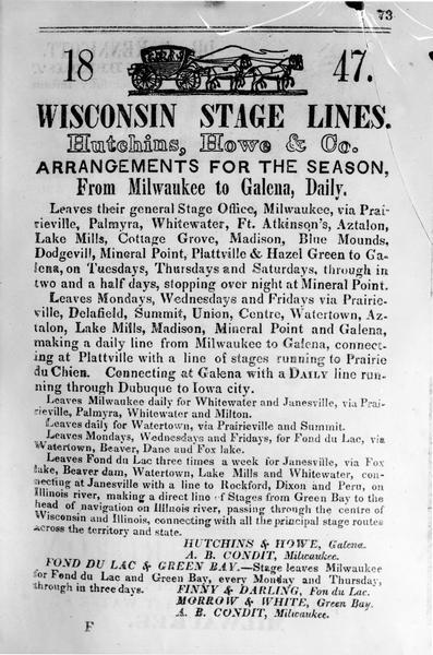 Poster for "Wisconsin Stage Lines Hutchins, Howe & Co. Arrangements for the Season, From Milwaukee to Galena Daily"