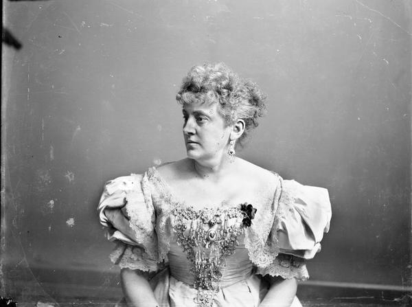 Studio portrait of Mrs. Susan S. Frackelton of Milwaukee, WI. Caption: "Mrs. Susan S. Frackelton of Milwaukee. Artist in ceramics and inventor of the gas kiln, frequent exhibitor of decorative pottery, and medal winner at leading expositions in the United States and Europe in the 1880s and 1890s."