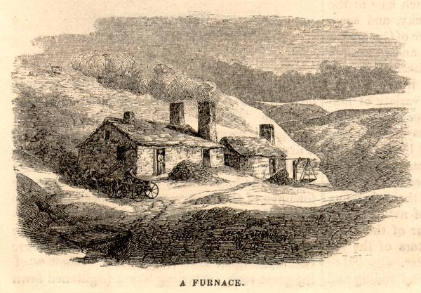 Engraved exterior view of a lead mining furnace. A man sits in a horse-drawn wagon at the left of the building.