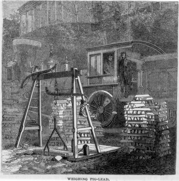 Engraved view of two men in a train locomotive observing the weighing of pig lead. Several bars of lead are stacked near the scale.