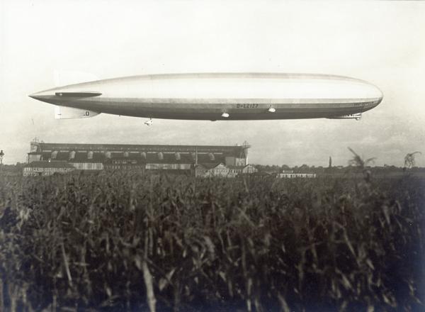 The Graf Zeppelin airship, 776 feet long, could travel at a speed of up to 80 miles per hour, powered by five 550 horse-power Maybach engines.  Hydrogen gas used to achieve lift.  The lighter-than-air craft made a pleasure voyage around the globe with a full passenger load in just over 12 days, at that time the fastest aerial circumnavigation.