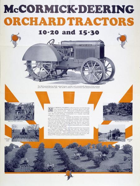 Advertising poster for McCormick-Deering 10-20 and 15-30 orchard tractors.