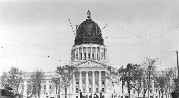 Wisconsin State Capitol (fourth capitol, third in Madison) under construction. View from South Hamilton Street.