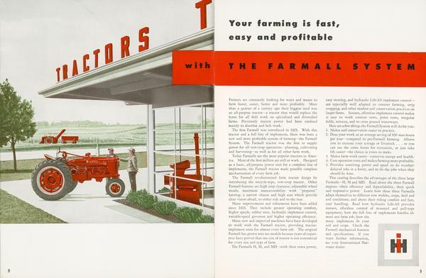 Color illustration of a sales agent showing a farmer a new McCormick Farmall H tractor alongside a storefront of a local IH dealership. In the background a McCormick Farmall tractor equipped with a corn-picker and wagon is seen harvesting corn. This image comes from an advertising brochure for the Farmall H, M and MD tractors.