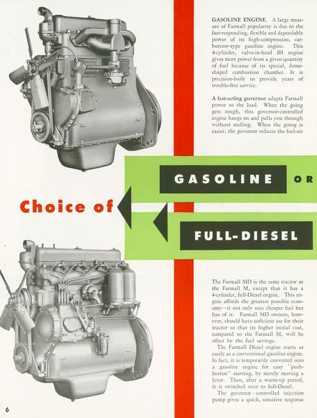 Left half of advertising brochure spread illustrating different gas, distillate and diesel engines available for McCormick Farmall H, M and MD tractors. This image comes from an advertising brochure for the McCormick Farmall H, M and MD tractors.
