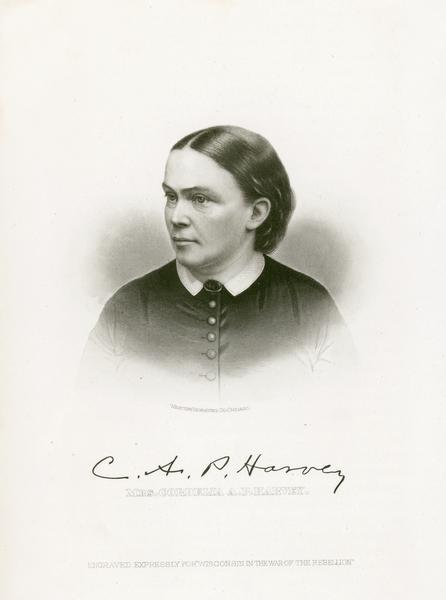 Head and shoulders engraving of Cordelia Harvey.