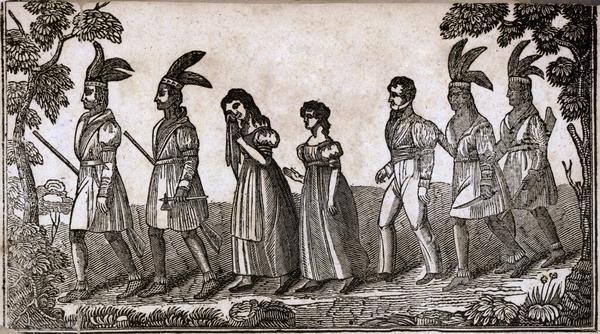 Drawing depicting the capture of Sylvia and Rachel Hall by Indians near Ottawa, Illinois during the Indian Creek Massacre, 1832. They were later released and brought to Blue Mounds Fort.