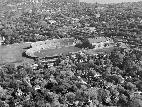Aerial view of Camp Randall Stadium and Field House.