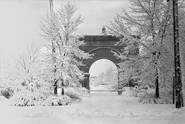 Winter scene featuring the Camp Randall Memorial Arch on the University of Wisconsin-Madison campus.