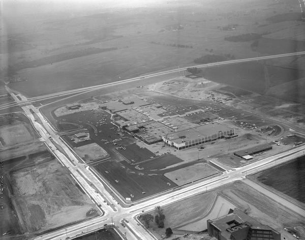 An aerial view of West Towne Shopping Center (now West Towne Mall) at Mineral Point and Gammon Roads.