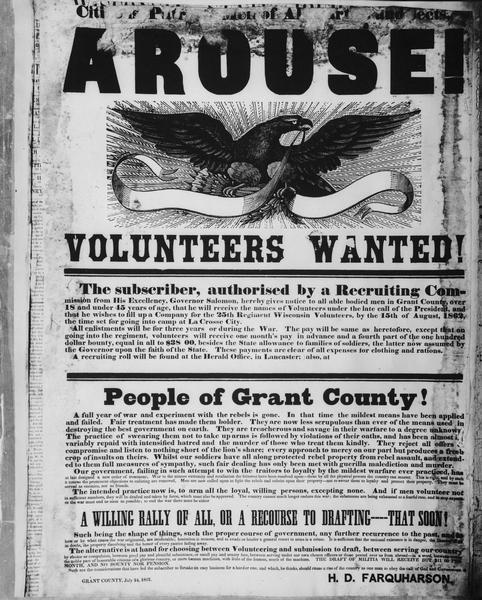 Poster calling for the recruitment of volunteers from Grant County for the Union Army during the Civil War.
