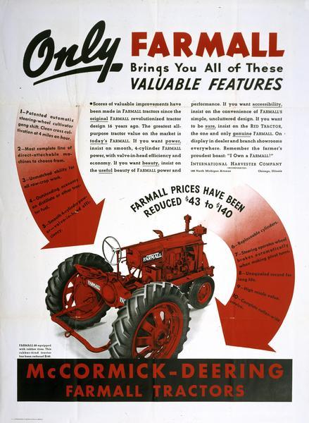 Advertising poster for Farmall tractors featuring a color illustration of an F-20 tractor. Includes the text: "Only Farmall brings you all of these valuable features," and "Farmall prices have been reduced $43 to $140."