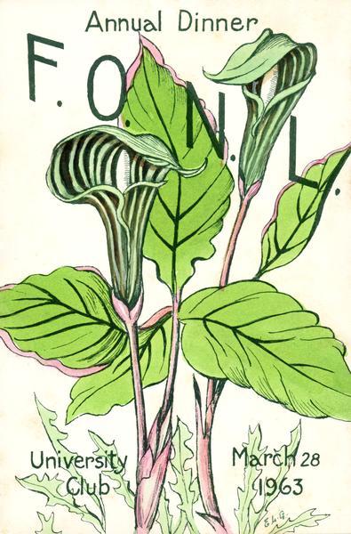 Cover for the Wisconsin Friends of Our Native Landscape program. Depicted is a bright green and pink Jack-in-the-pulpit. The Wisconsin Friends chapter was founded in 1920 by Jens Jensen, world famous landscape architect and nature lover.
