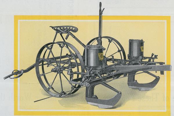 Advertising drawing showing top view of McCormick-Deering No. 8 Drop Hill corn planter. Foldout brochure for the No. 8.
