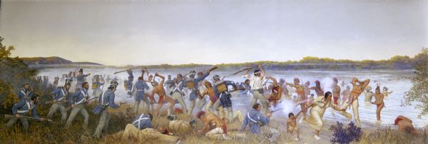 Painting by Cal Peters depicting the battle of Bad Axe, also known as the Bad Axe massacre, at the Mississippi River on August 2, 1832.