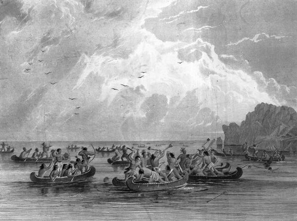 Illustration of the Ojibwa, the Sacs, and Foxes battling from canoes on the water.