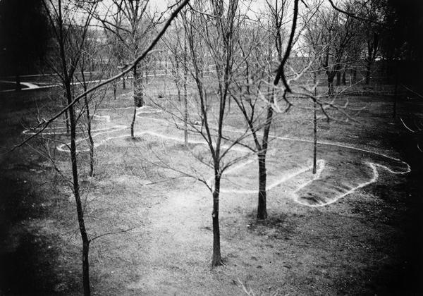 Elevated view of a four-footed American Indian effigy mound on the grounds of the Mendota State Hospital (Mendota Mental Health Institute).