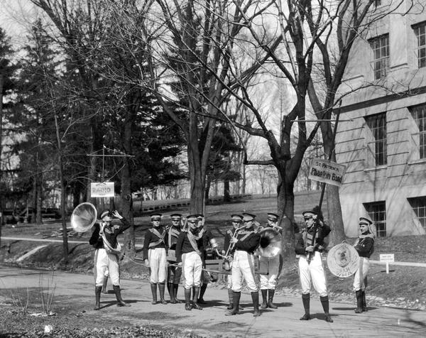 The first radiophone band in the United States marches on the Universtiy of Wisconsin campus.
