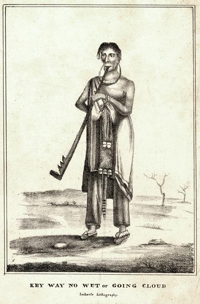 Lithographic portrait of Key-Way-No-Wut or Going Cloud, the war chief of the Lac du Flambeau band of Chippewa smoking a pipe.