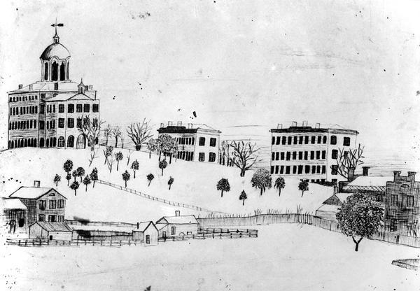 Drawing of University Hall by D.C. Salisbury showing the view from the bottom, south side of the hill on the University of Wisconsin campus.  Bascom Hall, built in 1859, was originally called University Hall. This sketch shows North Hall, built in 1851, the first building atop of College Hill; Old Science Hall built in 1877; and probably Chemical Engineering building, built in 1885. Bascom Hill was originally called College Hill.