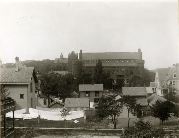 View of the Armory (Red Gym or Old Red) as seen from Mrs. Alden's on Frances Street, looking west toward Bascom Hill on the University of Wisconsin-Madison campus.
