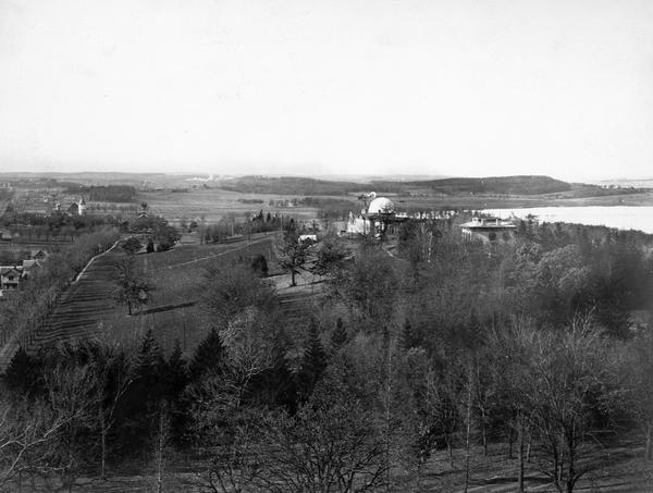 Elevated view of Observatory Hill, Observatory Hall, the Agriculture Campus and Lake Mendota on the University of Wisconsin-Madison Campus.