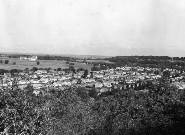 Elevated view of lower Sunset Village looking northwest from Sunset Point. University Hill Farm is on the left and Shorewood Hills is on the right.