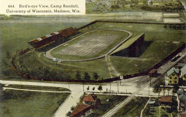 Aerial view of Camp Randall Stadium on the University of Wisconsin-Madison campus.<p>Top image on Place File card. Caption reads: "Bird's-eye View, Camp Randall, University of Wisconsin, Madison, Wis."