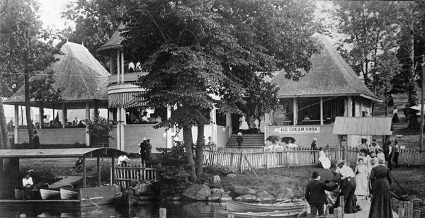 Monona Lake Assembly, The Casino. This structure, including the ice house and provision space, designed by Conover and Porter and built for $1700.00 in June-July 1896. The Assembly was modeled after one in Chautauqua, New York, for training Sunday school teachers. Later, its purpose broadened to include all sorts of intellectual pursuits.
