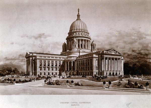 Wisconsin State Capitol Competition Architect's design of the 4th Wisconsin State Capitol (the third built in Madison). "Perspective" by George B. Post and Sons.