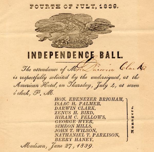 Invitation for Darwin Clark to the Independence Ball on the 4th of July, 1839 at the American Hotel.