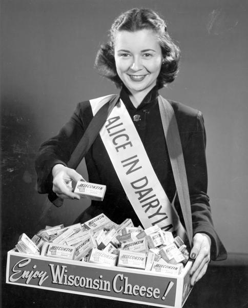 Margaret McGuire, named the first Alice in Dairyland in 1948, promotes Wisconsin cheese.