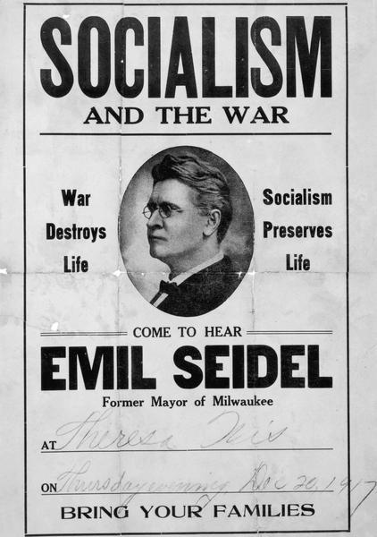 Poster publicizing a speech on Socialism by Emil Seidel, former mayor of Milwaukee.