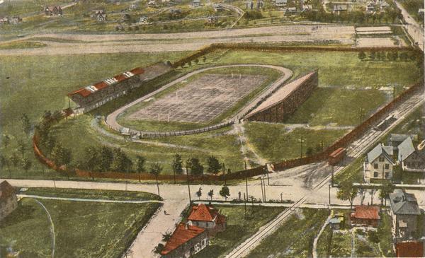Colorized aerial view of Camp Randall Stadium at the University of Wisconsin-Madison.
