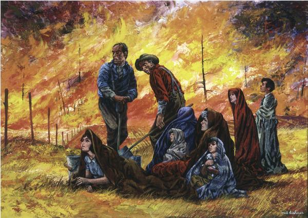 Families huddled in a field in the Sugar Bushes, attempting to escape the Peshtigo Fire.