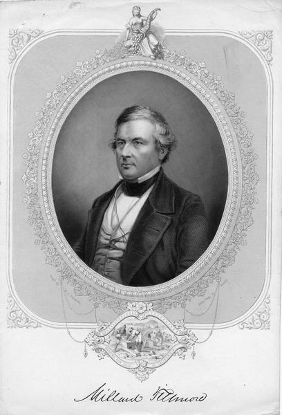 A head and shoulders portrait of Millard Fillmore, 13th President of the United States, 1850-1853.  Fillmore was born in the Finger Lakes country of New York on January 7, 1800 and died March 8, 1874.  As Vice-President, he succeeded Zachary Taylor as Presdent when Taylor died in office.  His party, the Whigs, blocked his nomination for re-election in 1852.