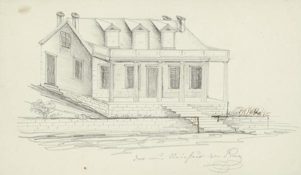 Pencil sketch of a stone house with a porch the full length of the dwelling, supported by 6 columns.