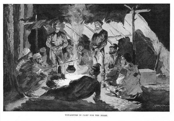 Engraving of voyageurs gathered around a fire at their camp.