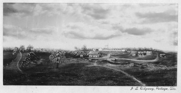 Photographic copy of a painting depicting Fort Winnebago, made by I. A. Ridgway of  Portage, Wisconsin. Fort Winnebago was built in 1827 by Major William Whistler and a detachment of the First Infantry. Subsequent construction was carried out under Lieutenant Jefferson Davis, and the fort was abandoned in 1840. Caption reads: "I.A. Ridgeway, Portage, Wis."