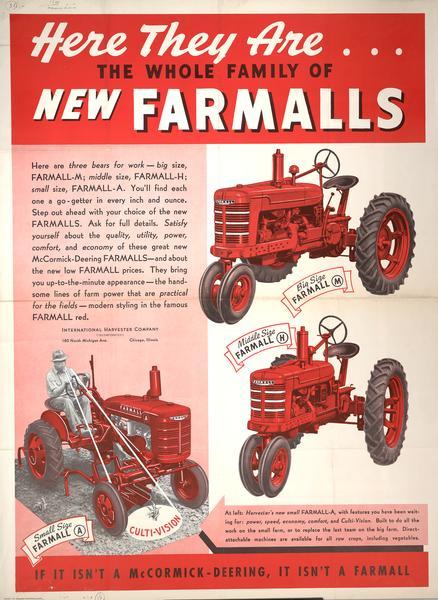 Advertising poster for Farmall A, Farmall H, and Farmall M tractors featuring a color illustration of the "culti-vision" feature and the text: "If it isn't a McCormick-Deering, it isn't a Farmall" and "The Whole Family of New Farmalls."