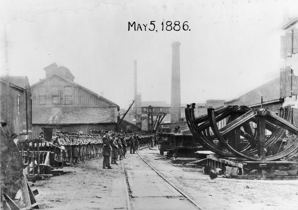Edward P. Allis Reliance Works under the protection of the Wisconsin State Militia during the first general labor strike.  The strike is also known as the Eight Hour Riots of May 1886.