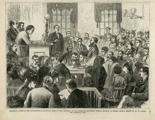 Illustration of Dr. Williams being sworn in as an expert medical witness at the Wharton trial.