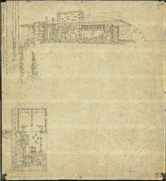 Pen and colored pencil drawing of a small cottage, possibly to be built at Taliesin.  Included on the drawing is a floor plan of the cottage and a perspective.  The drawing may have been drawn by Frank Lloyd Wright.