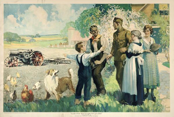 Advertising poster of World War I veteran returning home to family, farm and new Titan 10-20 tractor. The caption on the poster reads: "Look what dad bought for you, Bill." Features a color illustration of the tractor.