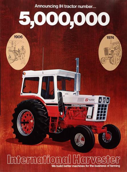 Advertising poster announcing the 5 millionth tractor produced by International Harvester. Includes a color illustration of a Farmall 1066 tractor.